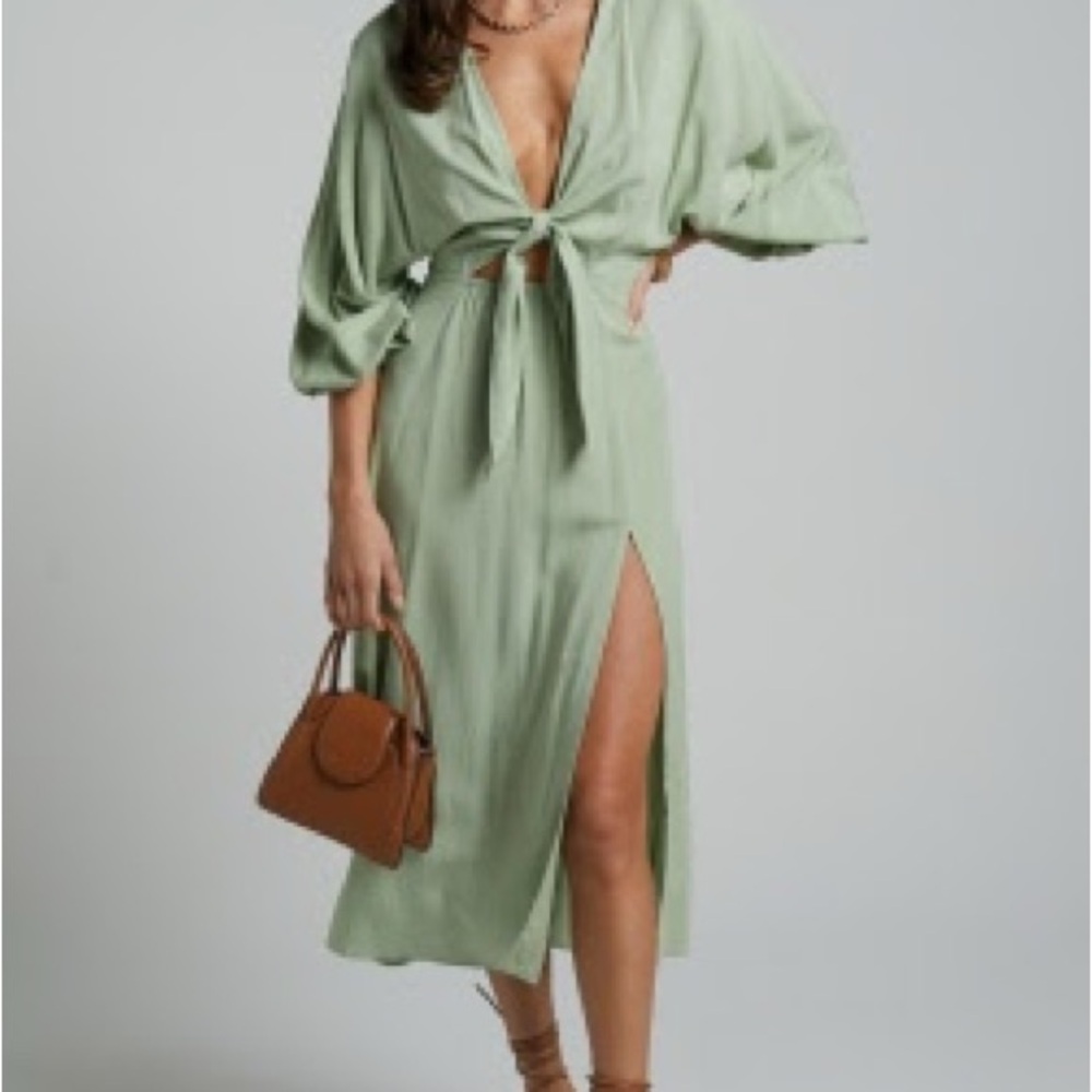 Showpo Sage Green Tie-Front Midi Dress